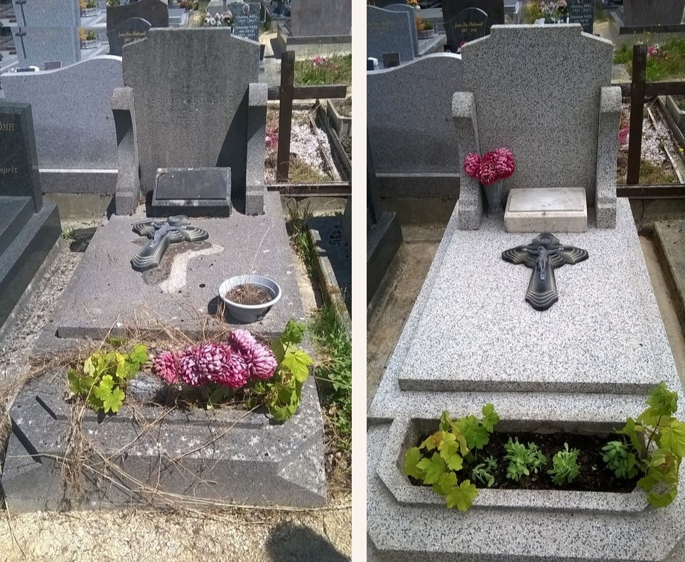 Nettoyage de tombe au Havre — avant et apr&egrave;s intervention Tomb'net