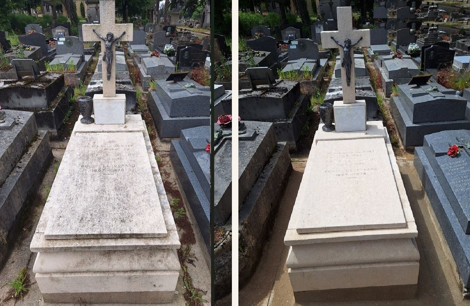 Entretien de s&eacute;pulture au Havre — avant et apr&egrave;s nettoyage Tomb'net
