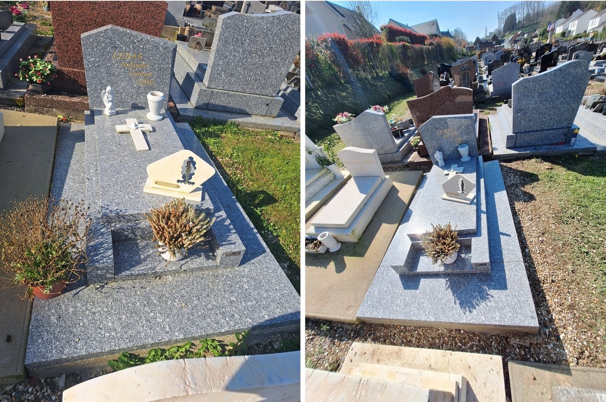 Entretien de s&eacute;pulture en granit — avant et apr&egrave;s — Tomb'net