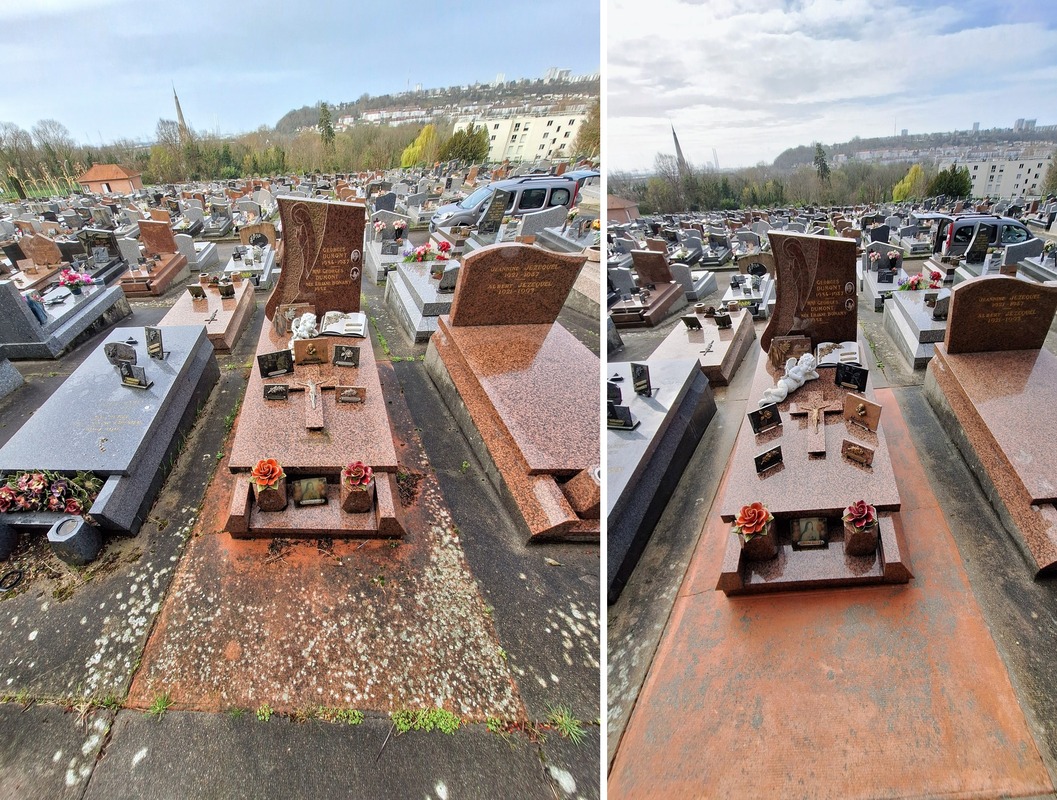 Tombe familiale nettoy&eacute;e — avant et apr&egrave;s passage Tomb'net