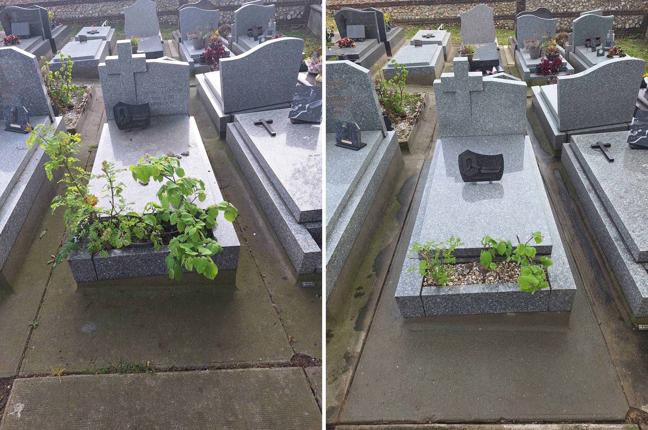Entretien de s&eacute;pulture au Havre — avant et apr&egrave;s nettoyage Tomb'net
