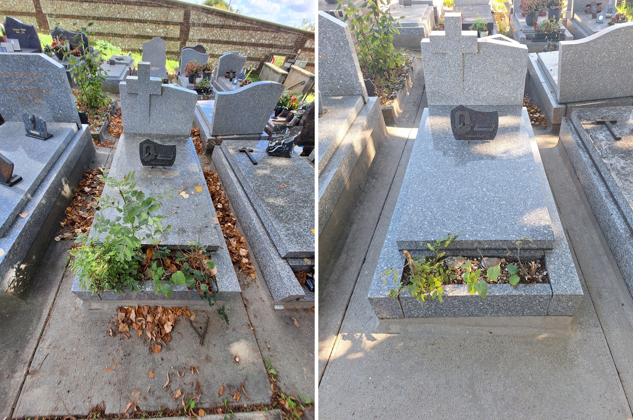 Nettoyage de s&eacute;pulture en granit — d&eacute;sherbage et nettoyage — Tomb'net au Havre