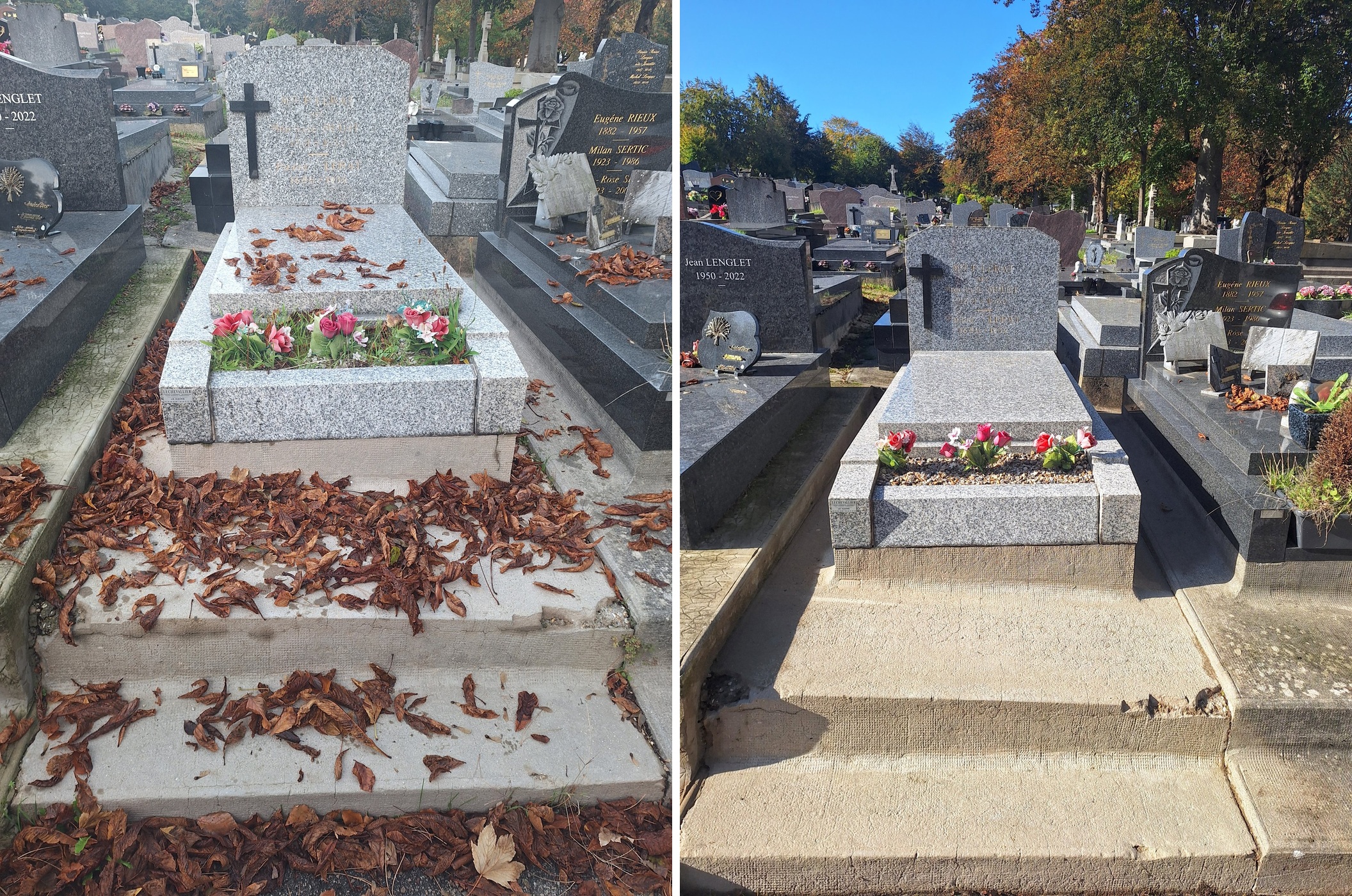 Entretien de tombe avec feuilles mortes — avant et apr&egrave;s — Tomb'net Le Havre