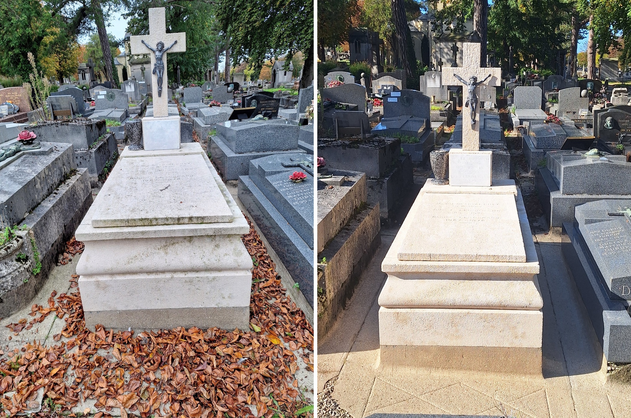 Nettoyage de tombe ancienne en pierre — avant et apr&egrave;s — Tomb'net Le Havre