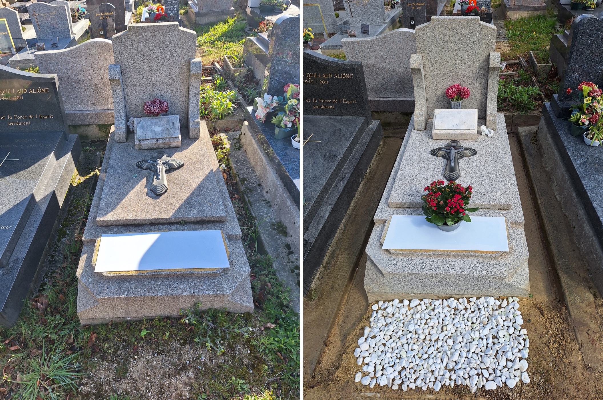 Nettoyage de s&eacute;pulture au Havre — avant et apr&egrave;s — Tomb'net